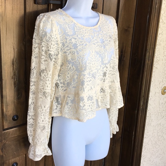 Zara Ivory Lace Ruffle Crop Top Blouse L - Picture 2 of 8